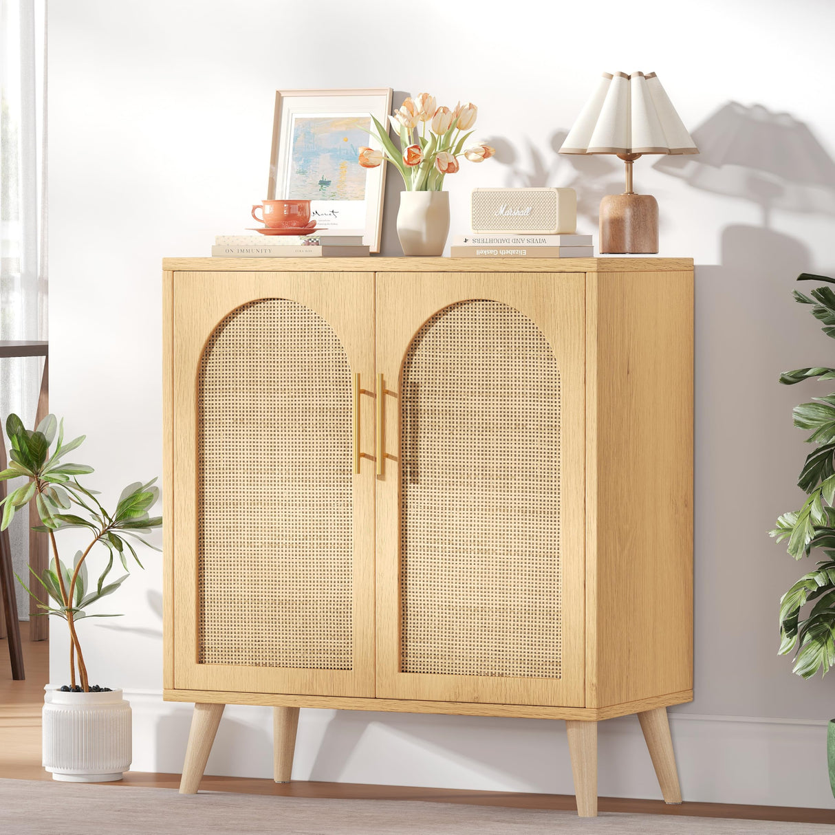 Rattan Storage Cabinet with Adjustable Shelf, Bathroom Floor Cabinet