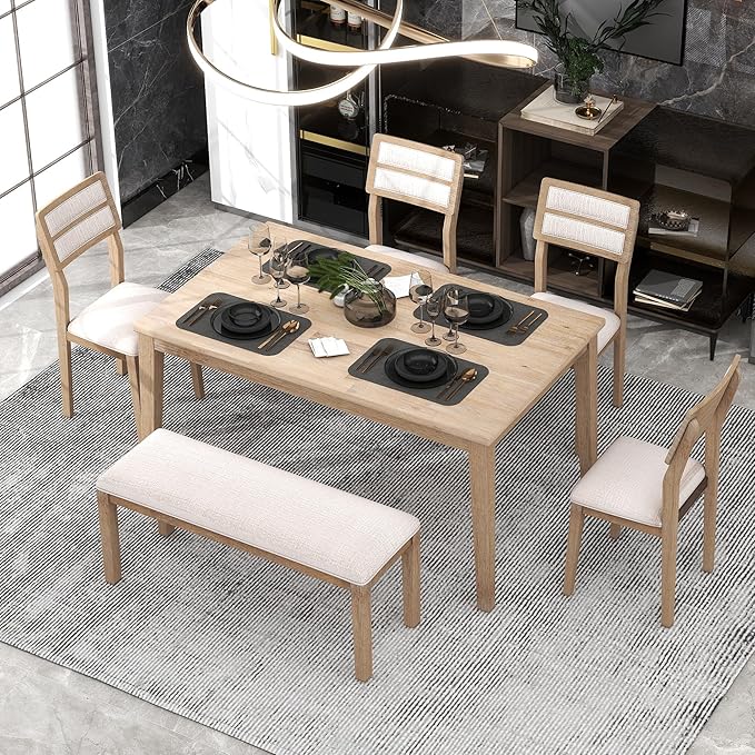 6, Rectangular Dining Table with Upholstered Chairs and Bench, 6-Piece Table Set for Dining Room and Kitchen, Retro Dining