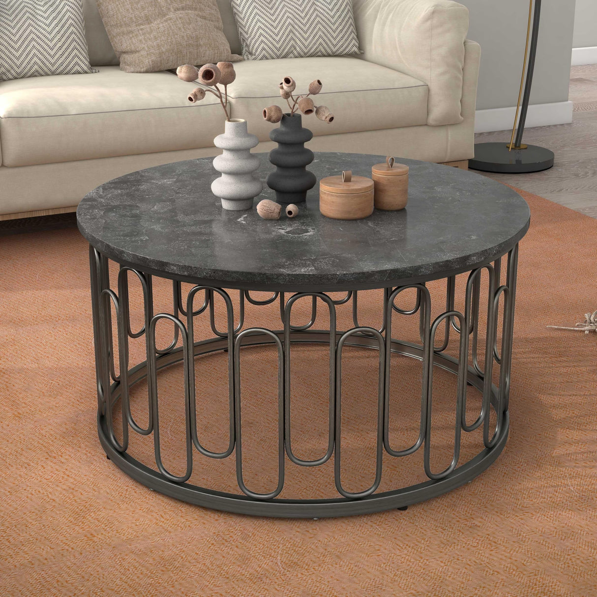 Davis Modern Round Coffee Table with Marble Top & Sturdy Metal Legs & Open Shelf for Living Room