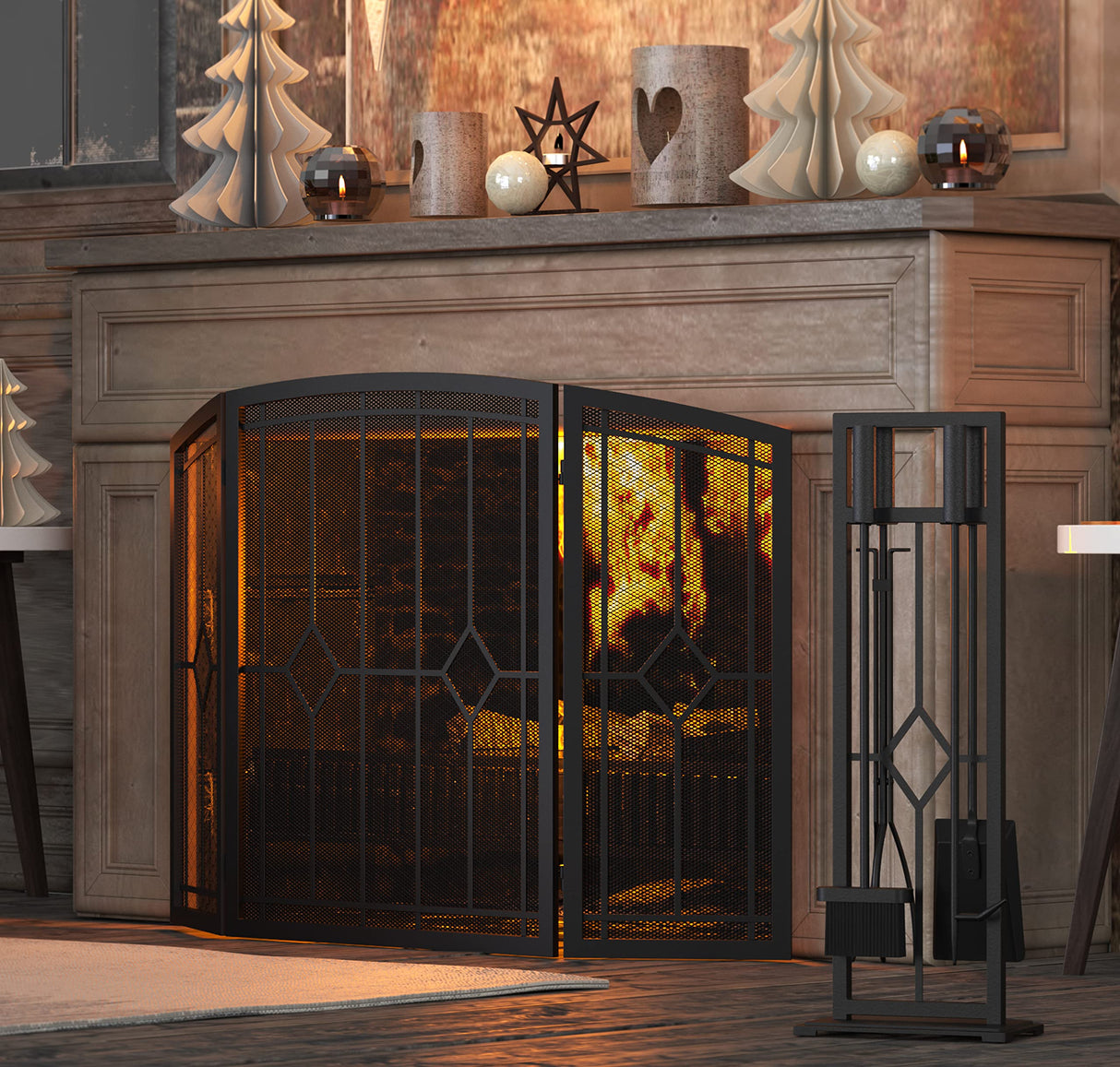 5 Pieces Fireplace Tools Set Wrought Iron Fire Place Pit Poker Holder(Black)