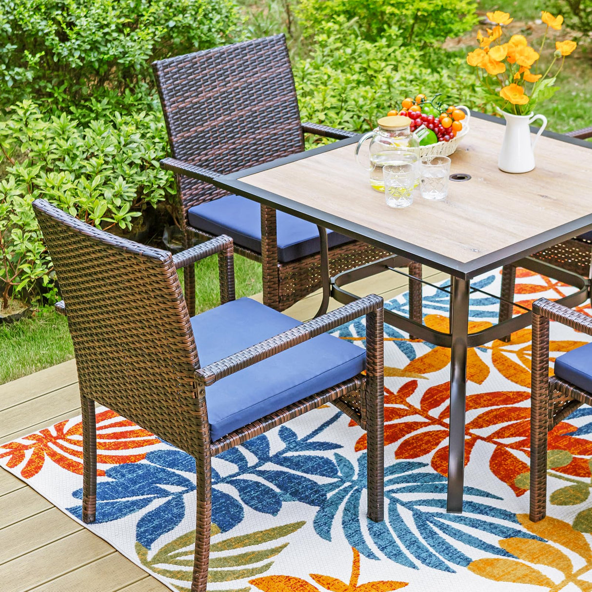 5 Pieces Patio Dining Set, Square Outdoor Table and Chairs Set for 4, Patio Table and Cushioned Rattan Chairs