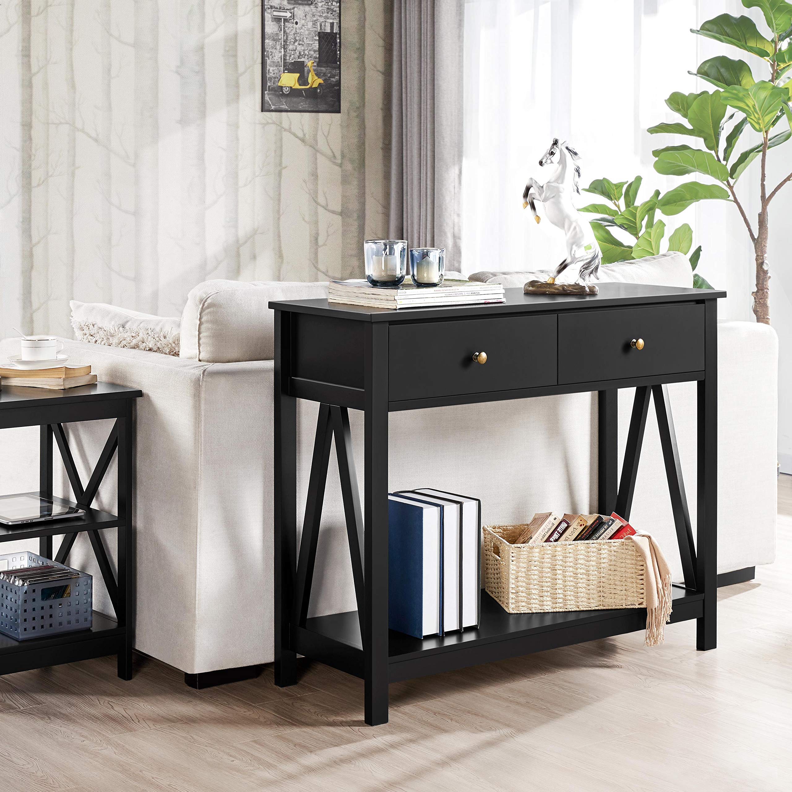 Modern Sofa/Couch Table, 2 Tier Console Table with 1 Drawer and Storage Shelf