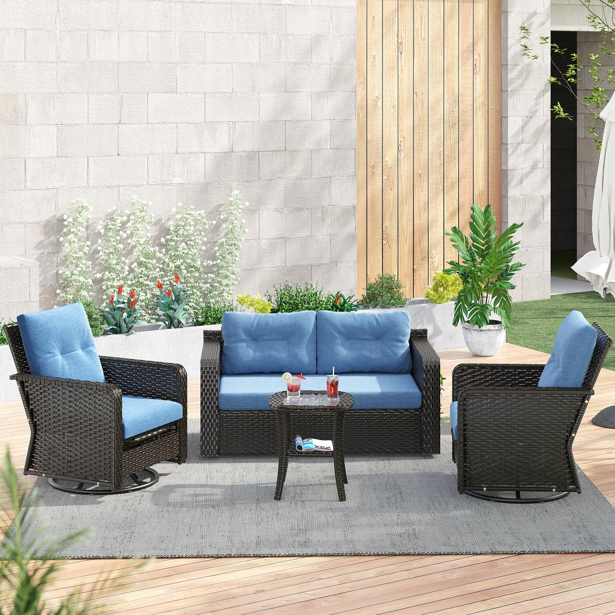 4-Seat Outdoor Furniture Patio Conversation Set, 2 Padded Rocking Chair & 2-Seat Patio