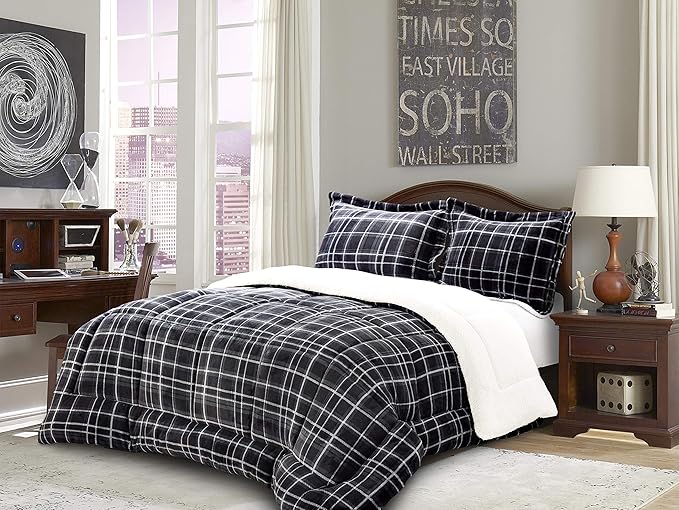 Comfort Softest, Coziest Heavy Weight Plaid Pattern Micromink Sherpa-Backing Premium Quality Down Down