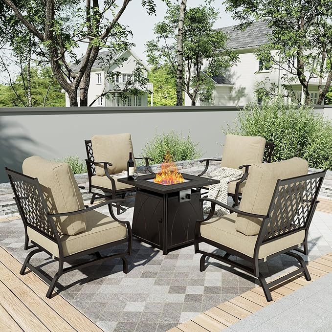 5 Pieces Fire Pit Patio Furniture Set, 4 x Thick Cushioned Swivel Chairs with 28" Fire Pit Table (50,000 BTU)
