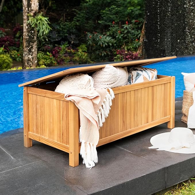 Arie 60 inch Wood Outdoor Deck Storage Box, Natural Teak