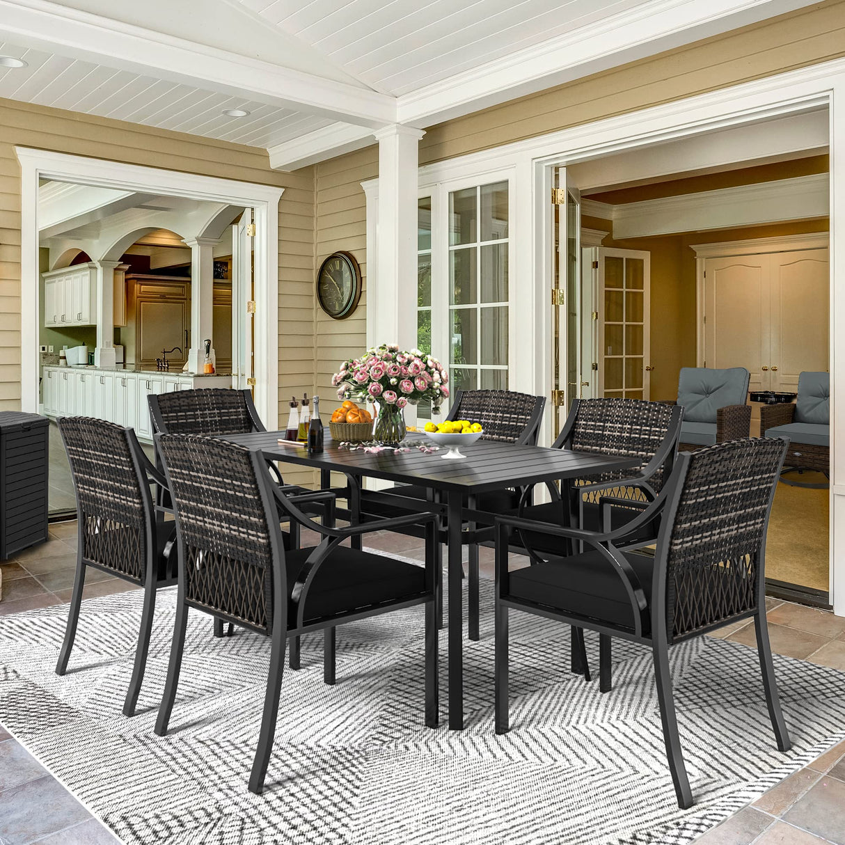 7 Piece Patio Dining Set, Outdoor Patio Wicker Dining Table Furniture Set with All Iron