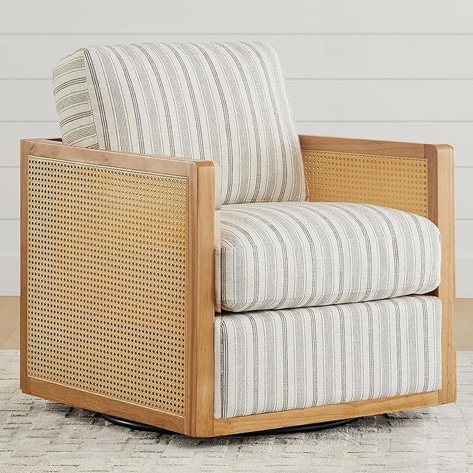 Swivel Accent Chair, Rattan Arm Chair for Living Room and Bedroom, Cream Fabric