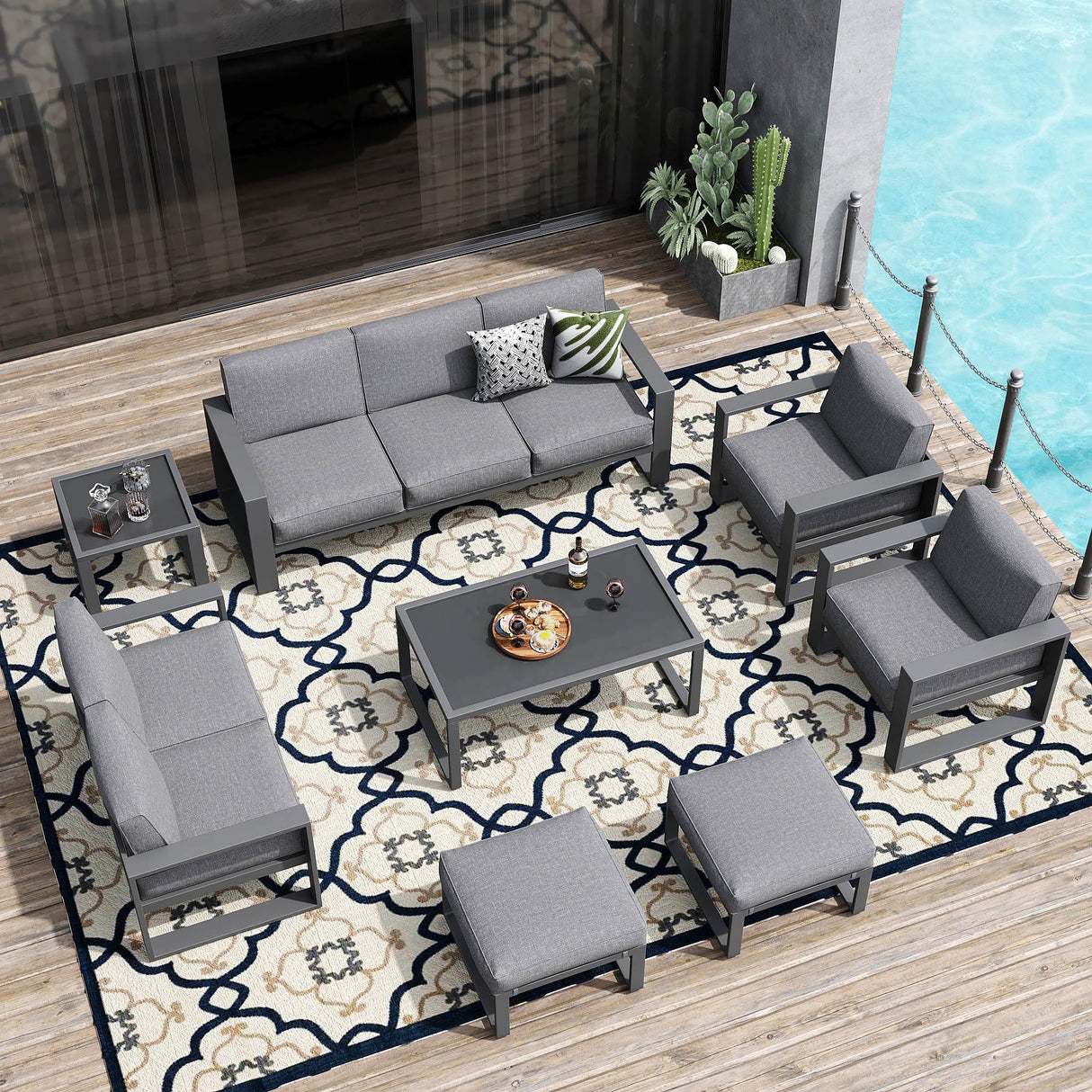 Aluminum Patio Furniture Set, 8 Pieces Modern Outdoor Conversation Set All-Weather