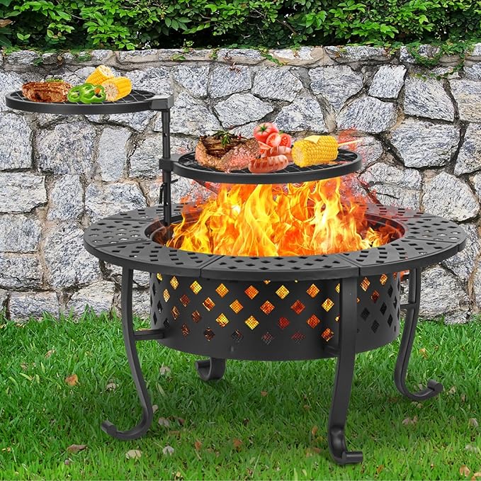 36 Inch Fire Pit with 2 BBQ Grills, Wood Burning Fire Pits for Outside