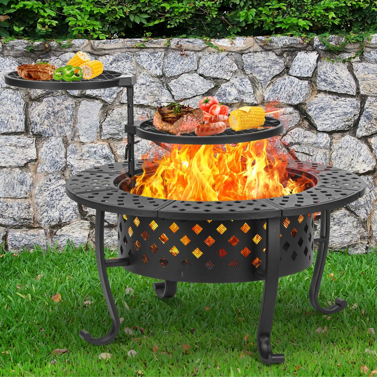 Panovue 36 Inch Fire Pit with 2 BBQ Grills, Wood Burning Fire Pits for Outside with Lid & Fire Poker, BBQ& Outdoor Firepit & Round Metal Table 3 in 1 for Patio, Picnic, Party - Bircata