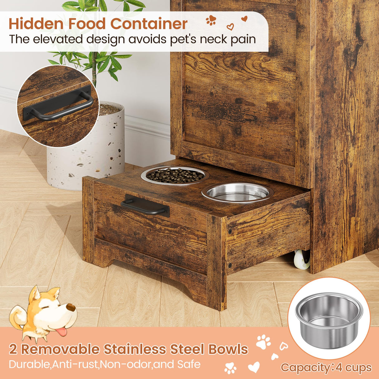 Dog Feeding Station with Storage - Elevated Bowls & Food Cabinet