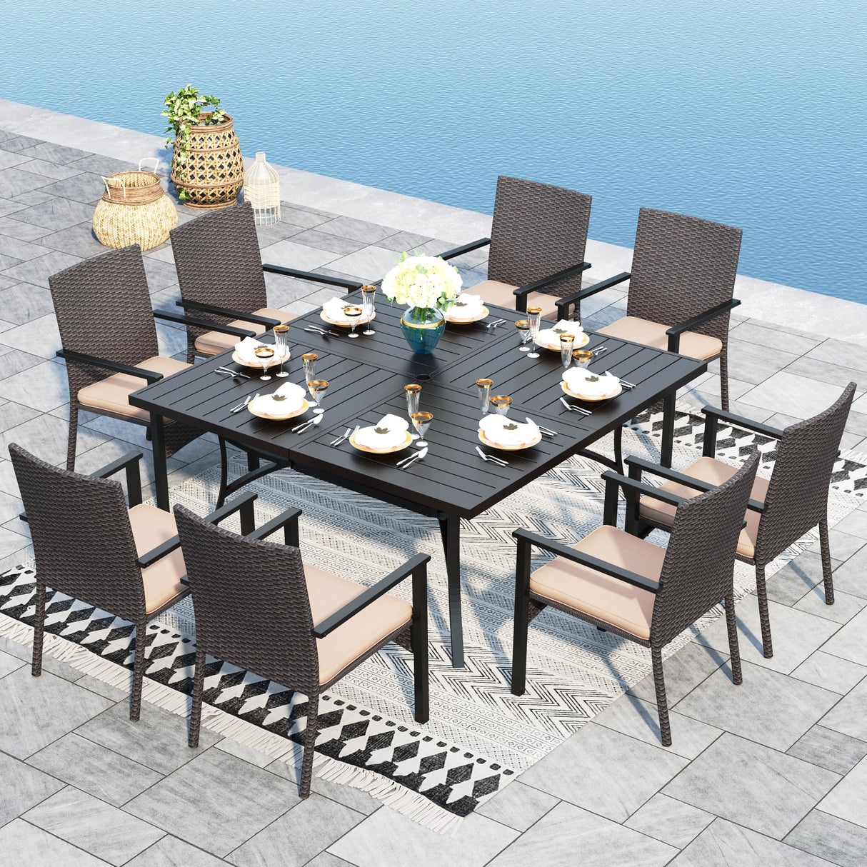 9 Pieces Patio Dining Set for 8, All Weather Square Outdoor Table with Umbrella Hole