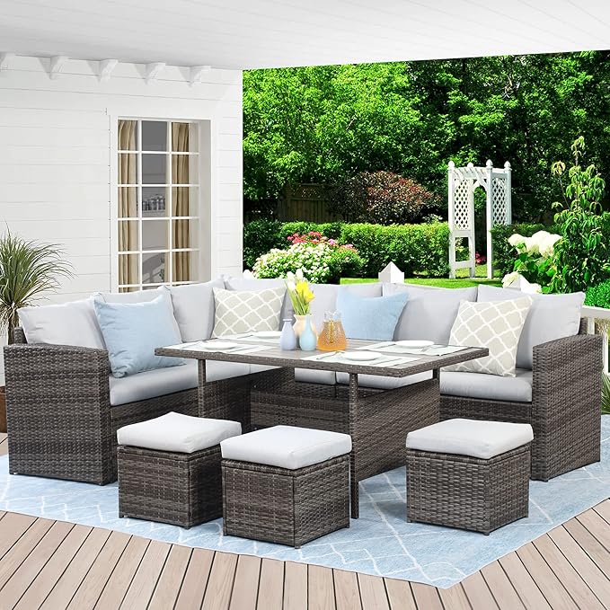 Patio Furniture Set - 7 Piece Wicker Rattan Outdoor Dining Set with Table