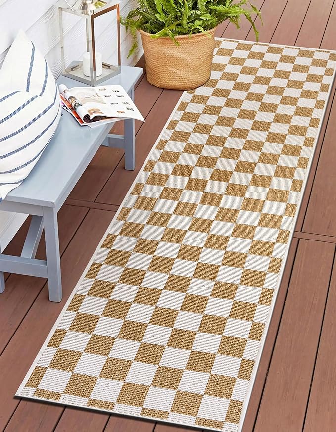Contemporary Checkered Weather Resistant Reversible Indoor/Outdoor Area Rug 5' x 7' Natural