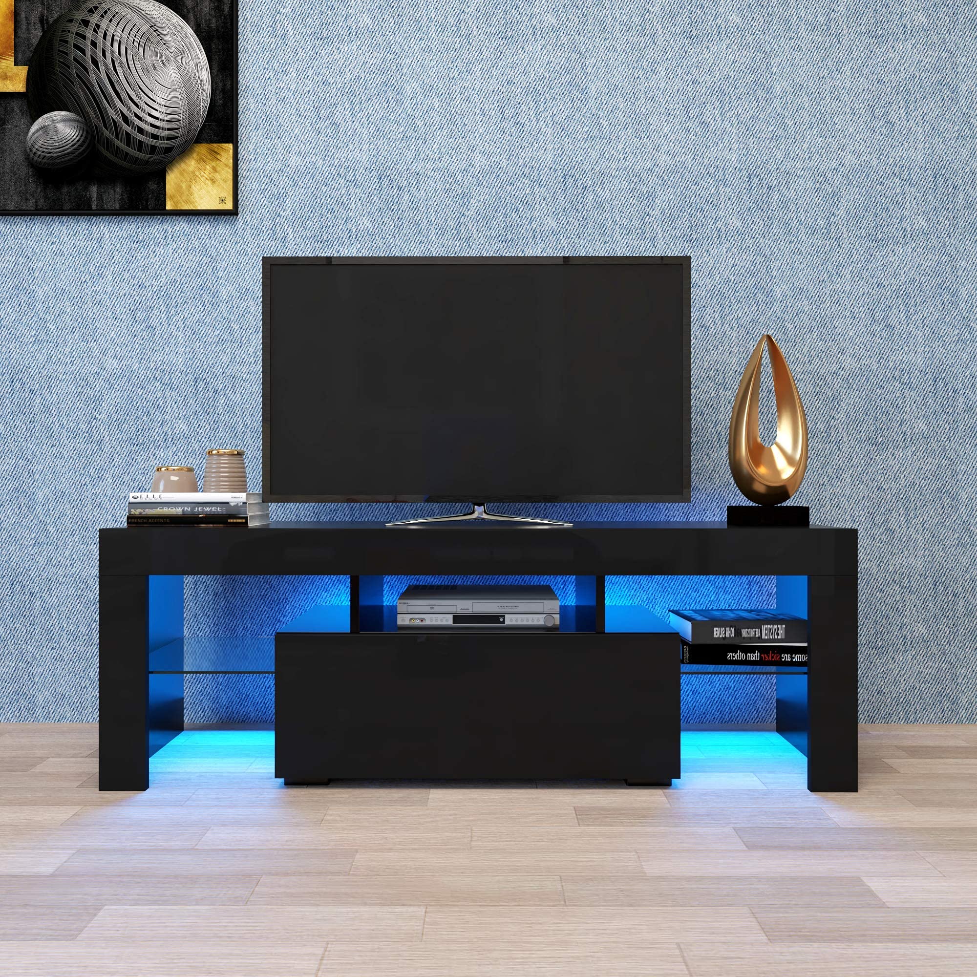 LED TV Stand with 16 Colors RGB LED Lights,Modern Media Storage Console with Drawer,