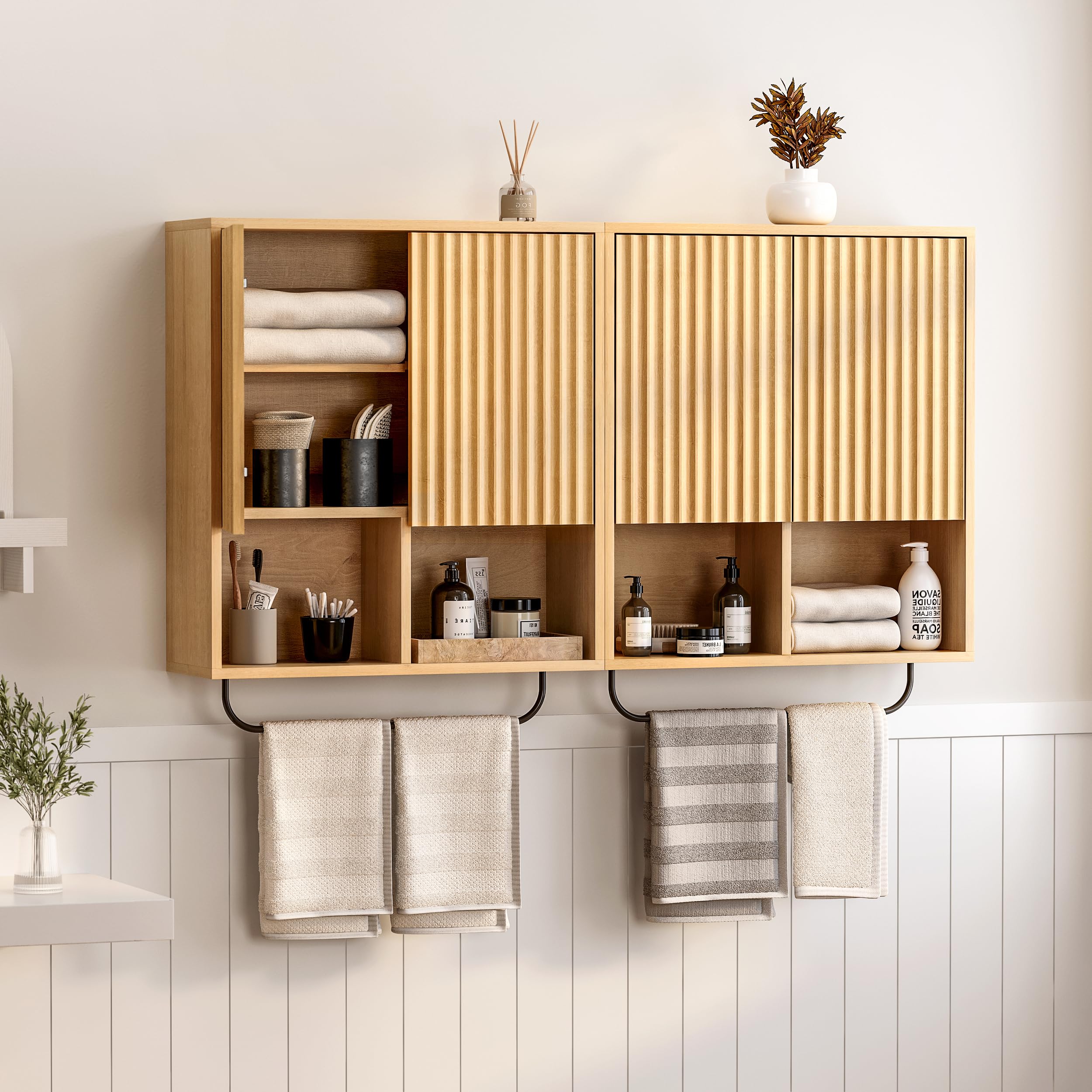 Fluted Wall Cabinets with Doors and Shelves Set of 2, Modern Medicine Cabinet Bathroom