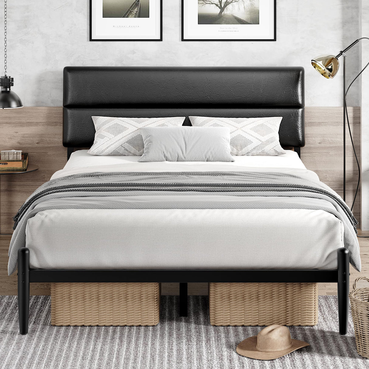 Queen Size Platform Bed Frame with Upholstered Headboard - Dark Black