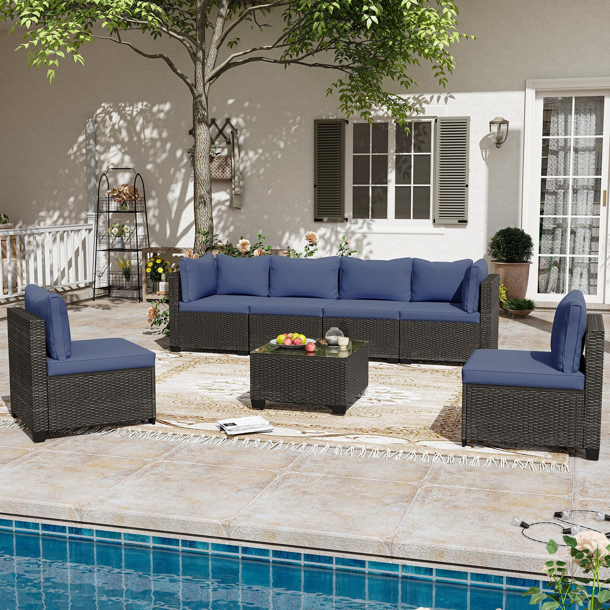 7-Piece Outdoor Patio Furniture, PE Rattan Patio Furniture Set All Weather Sectional Conversation Sets with Cushions, Outside Sofa with Tempered Glass Table for Garden (Dark Bluer-7PCS)