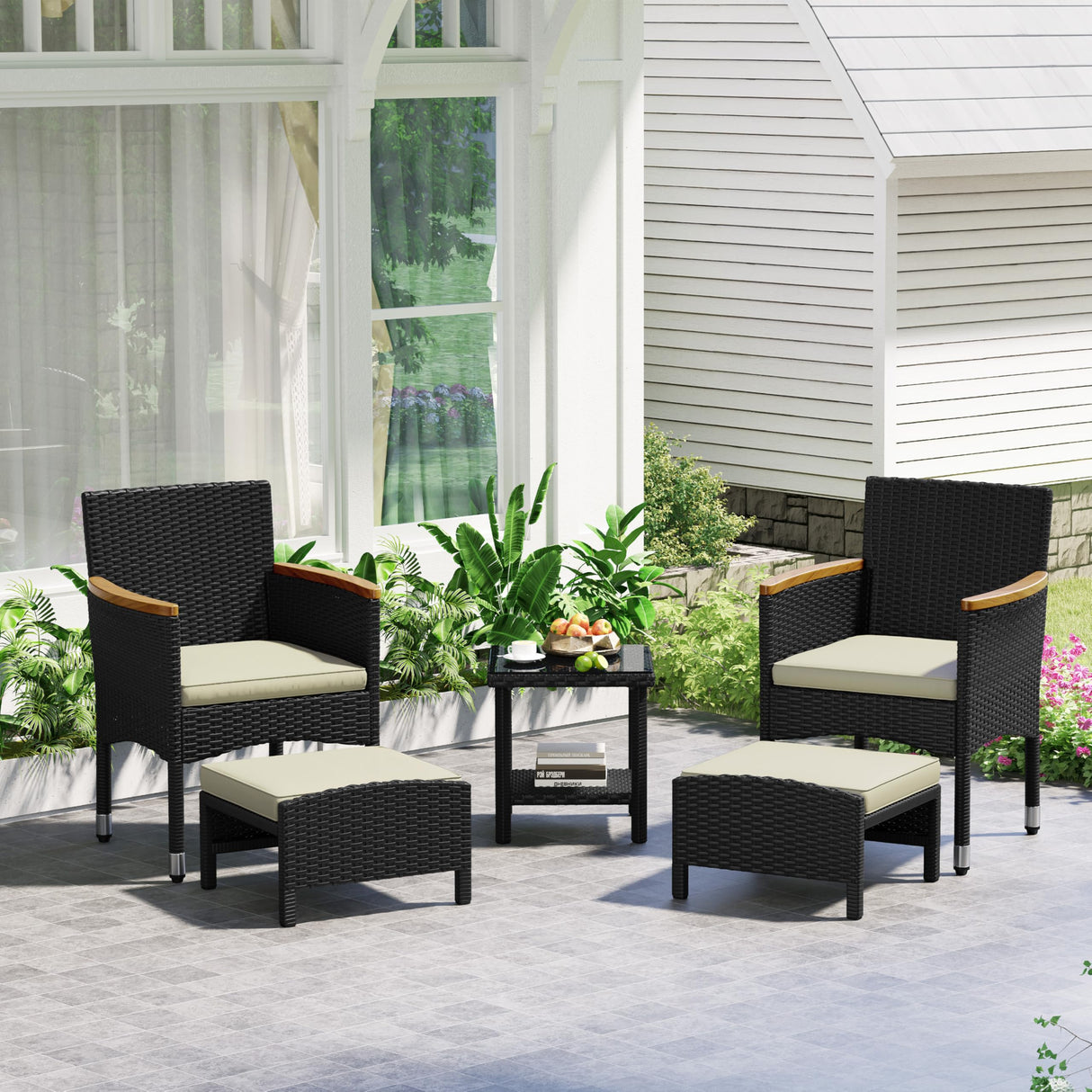 5 Piece Patio Conversation Set, Outdoor Wicker Bistro Furniture