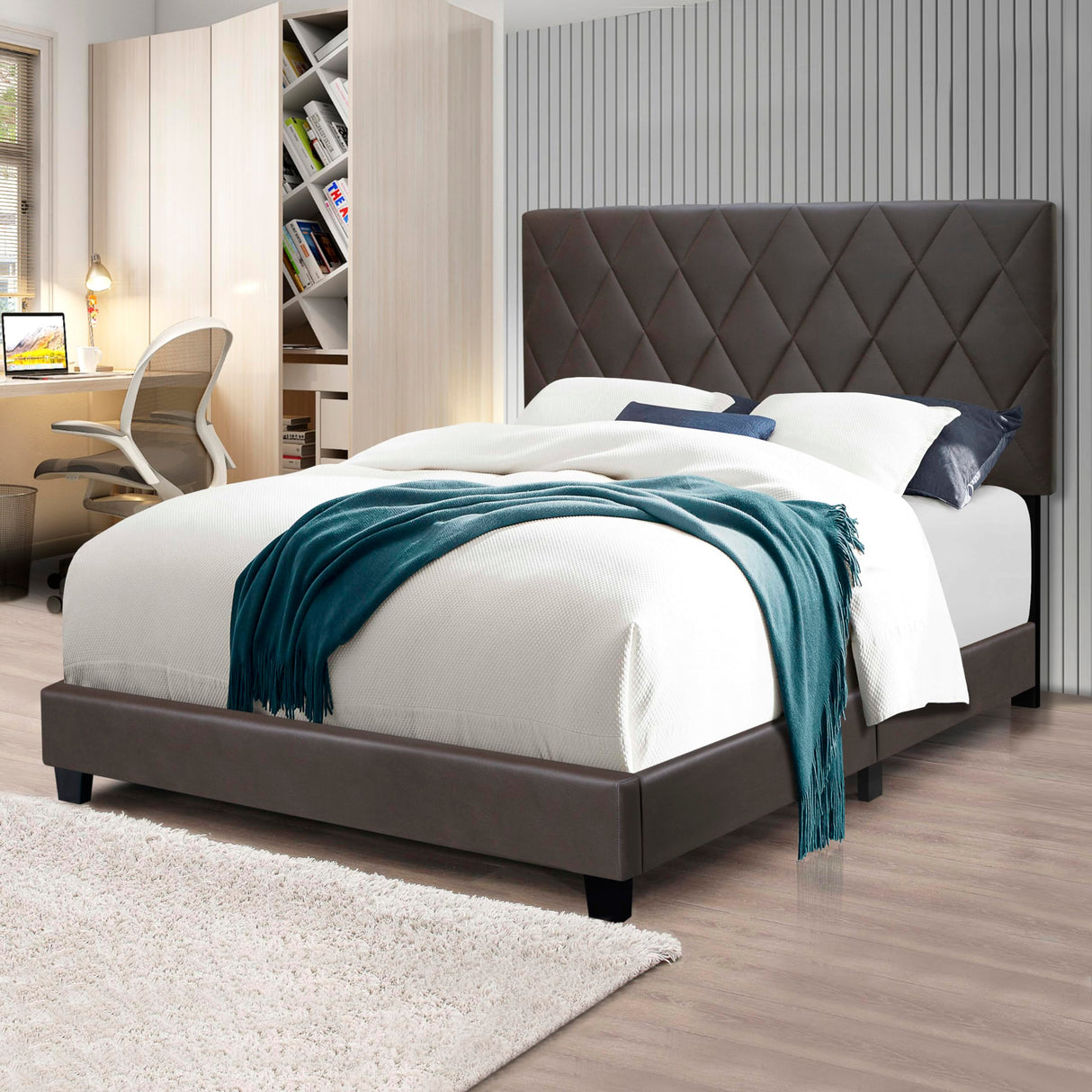 Queen Size Upholstered Platform Bed with Diamond Pattern Headboard