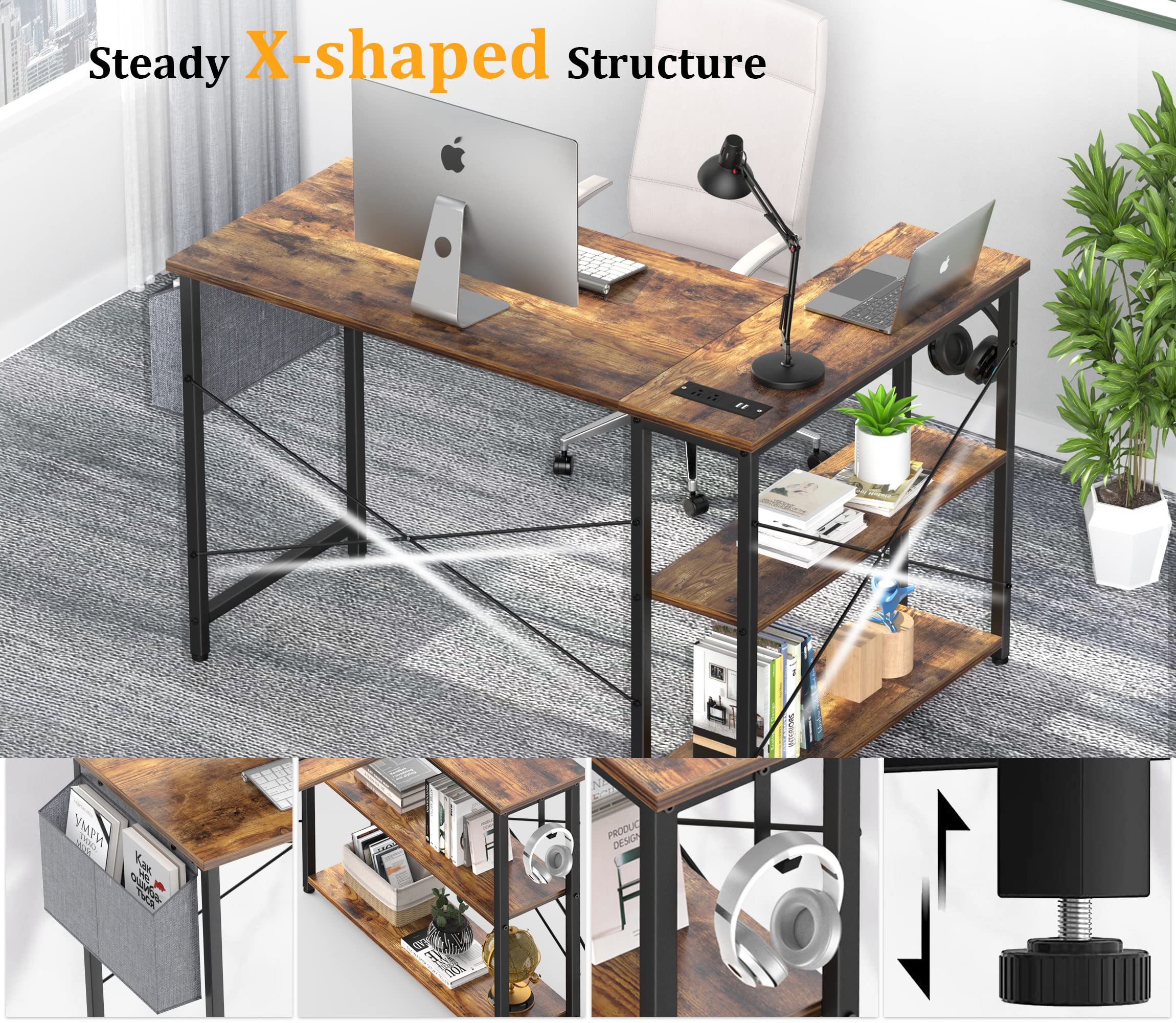 L Shaped Desk with Outlets & USB Ports, Reversible 47 Inch Office Desk, Corner Desk for Small Space