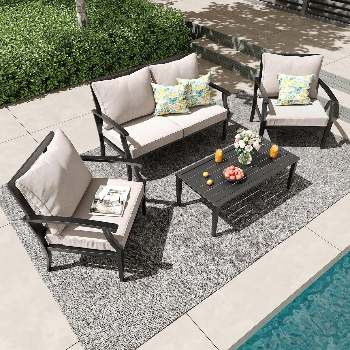 4-Piece Patio Conversation Set,Oversized Outdoor Metal Furniture Set