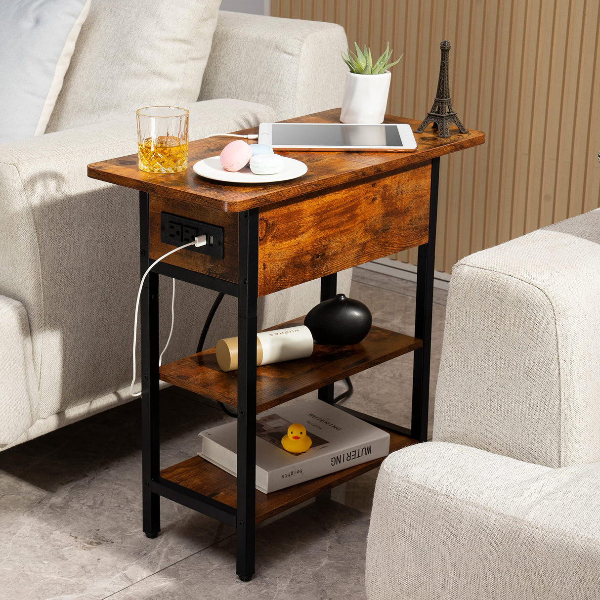 ChargeNest Flip-Top End Table with USB & AC Power Station