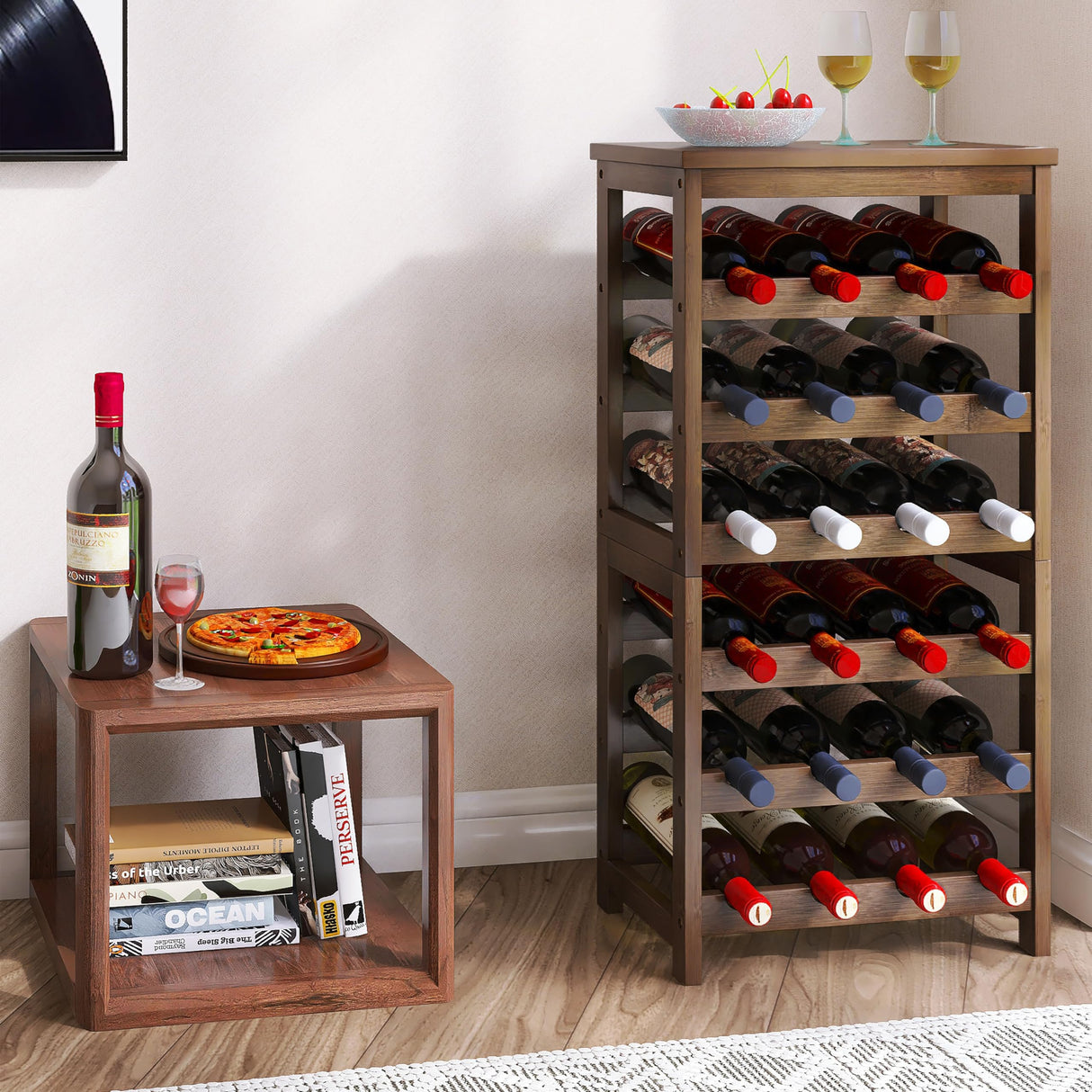 24-Bottle Wine Rack, 6 Tier Bamboo Wine Display Storage Shelves