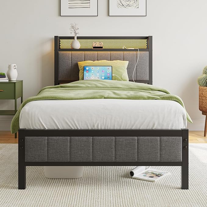 Queen Bed Frame with Storage Headboard,USB Charging Station