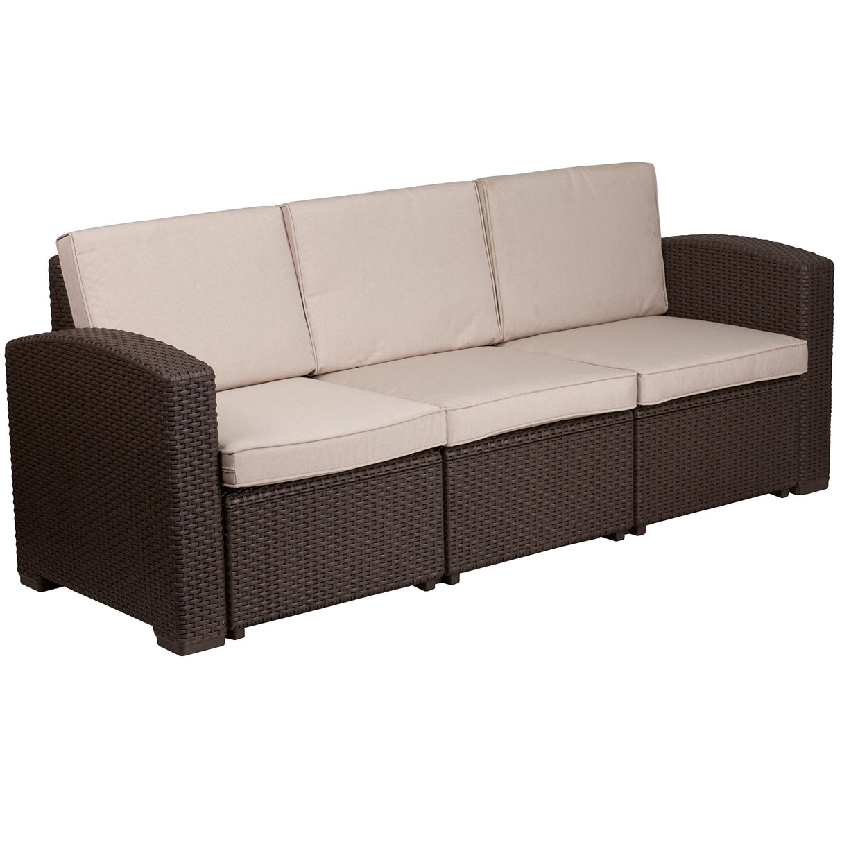 Flash Furniture Seneca Chocolate Brown Faux Rattan Sofa with All-Weather Beige Cushions