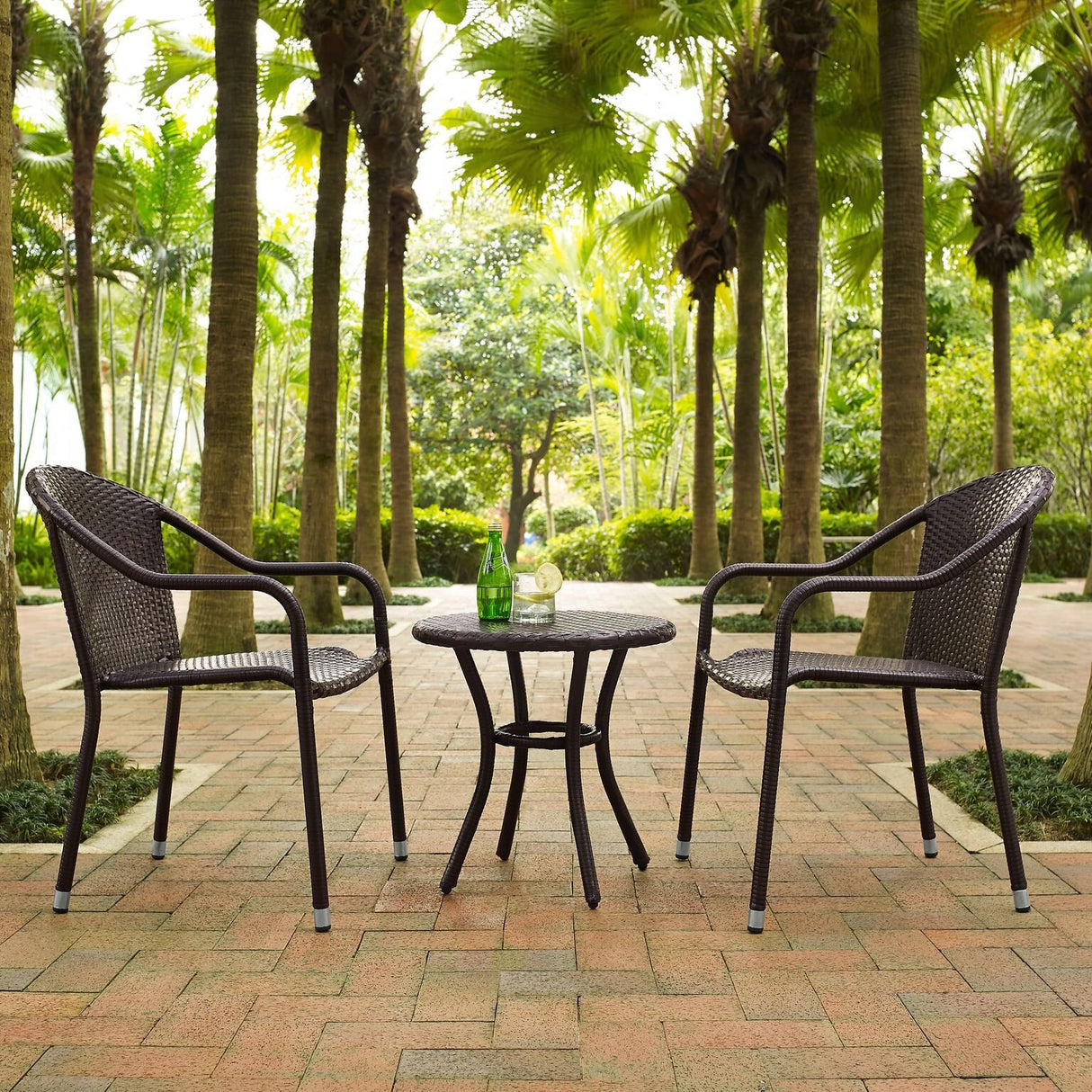Palm Harbor 3-Piece Wicker Conversation Set, Side Table and 2 Stackable Patio Chairs
