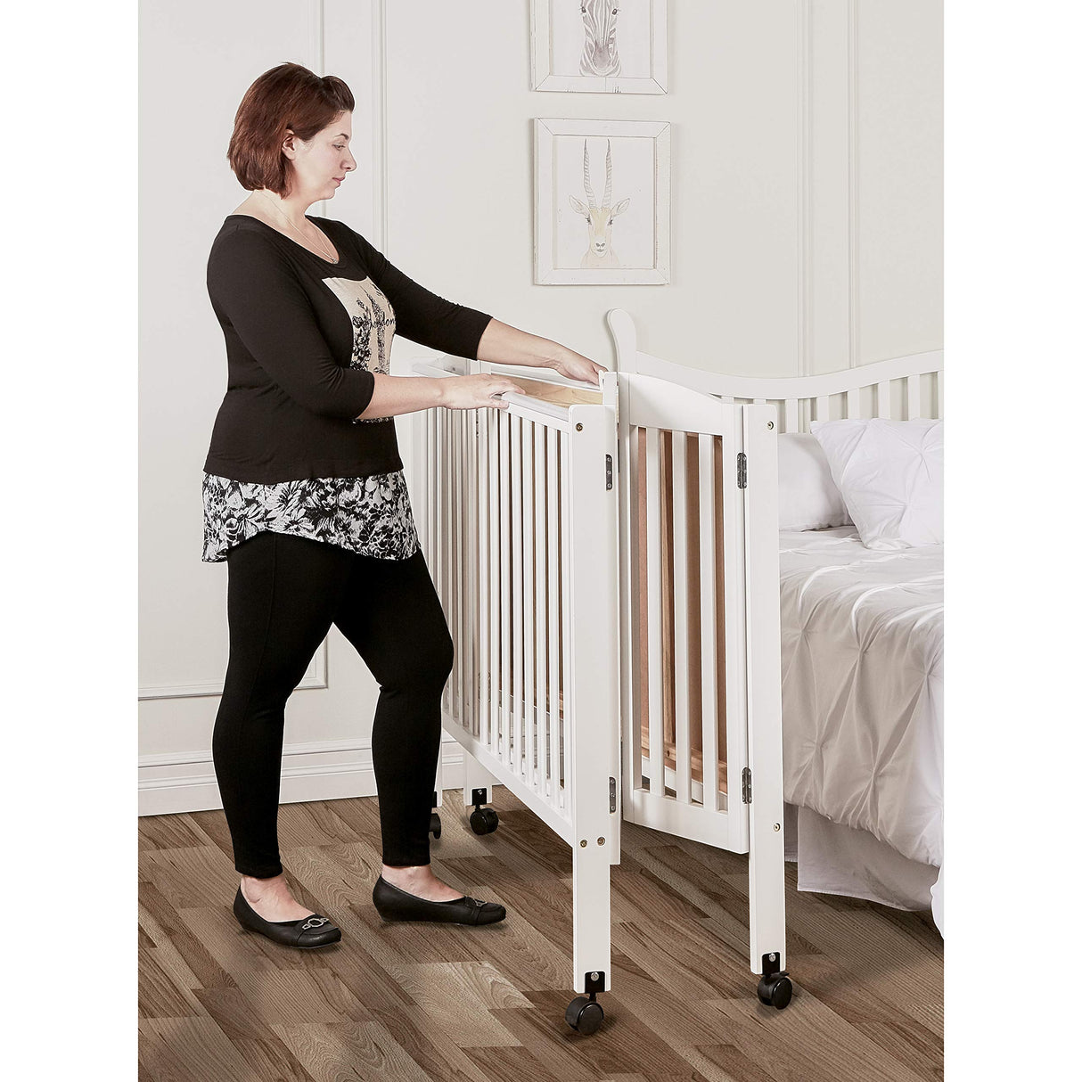 3 in 1 Portable Folding Stationary Side Crib in White, Greenguard Gold Certified, Safety Wheel with Locking Casters, Convertible, 3 Mattress Heights