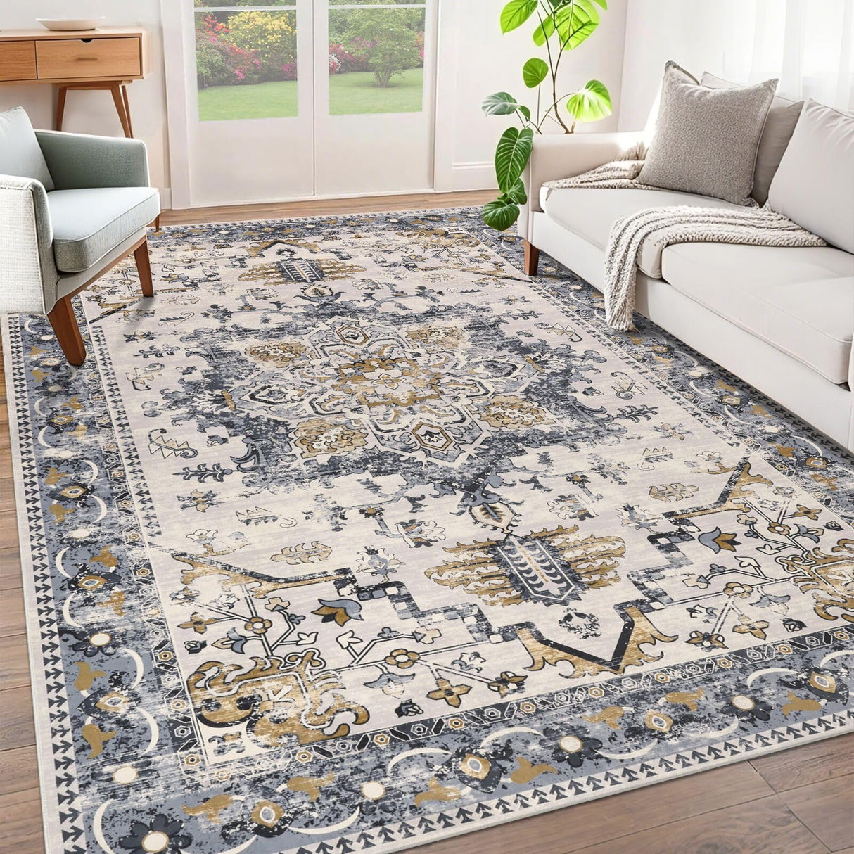 Washable Area Rug 6x9 - Non-Slip Boho Vintage Distressed Low Pile Carpet