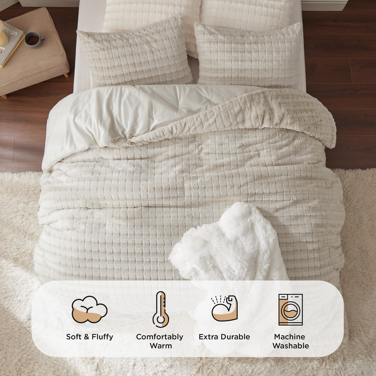 Fluffy Comforter Set King - Ultra Soft Faux Fur Comforter, Linen Comforter Set King Size