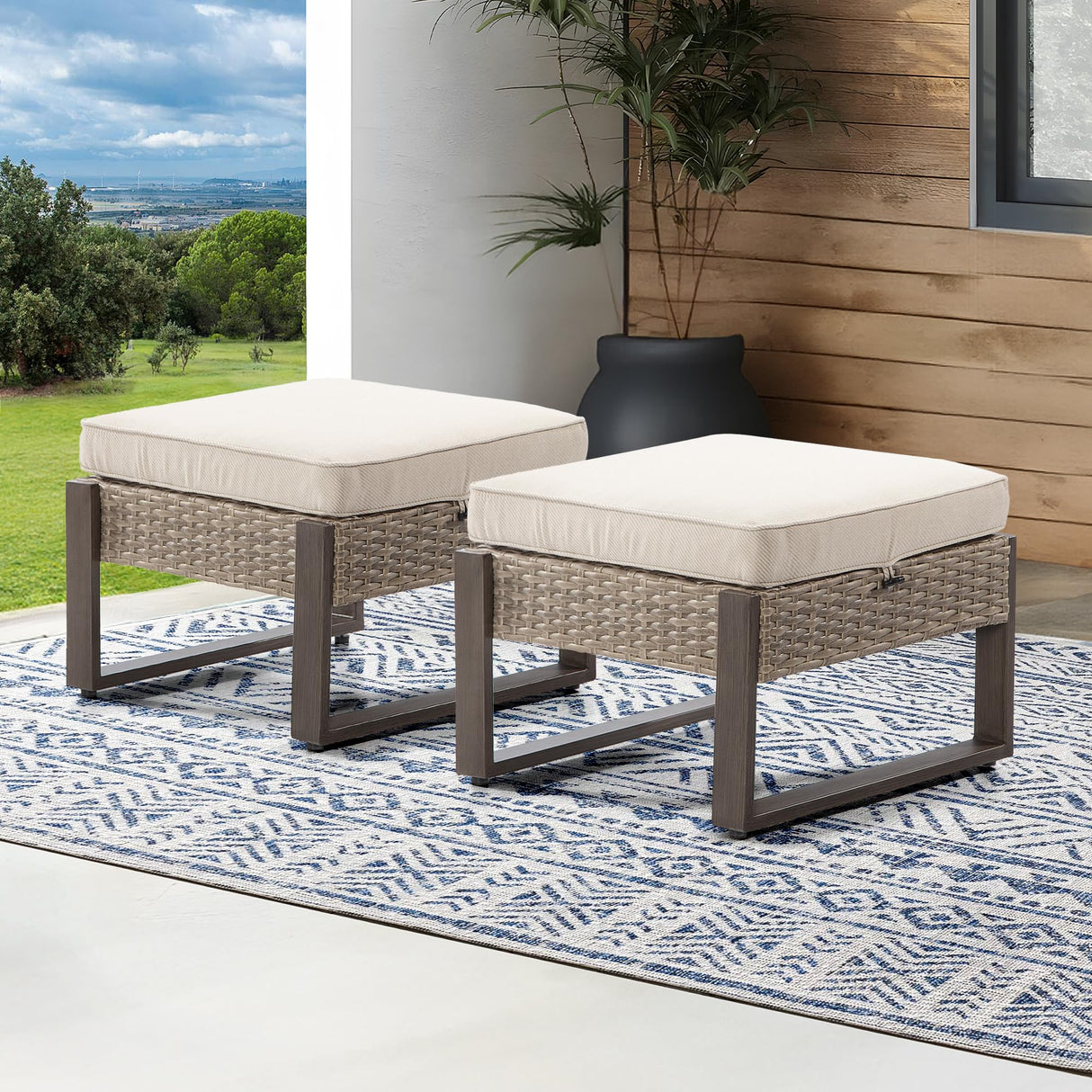 Outdoor Patio, All-Weather PE Rattan Ottomans Footstools