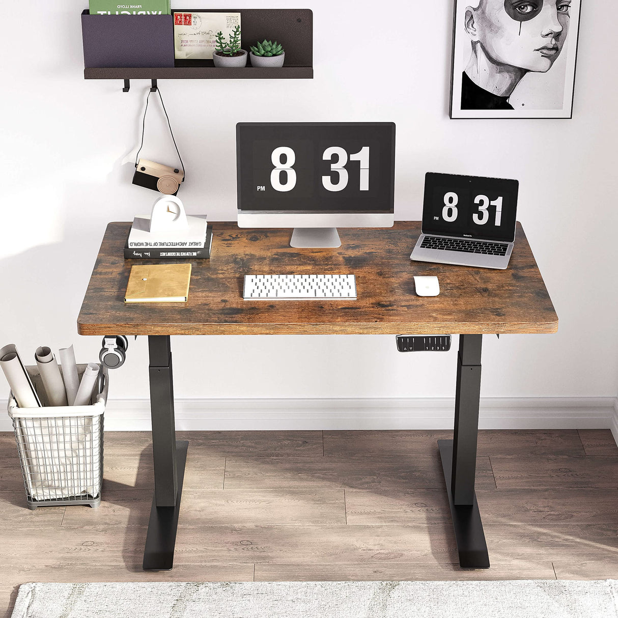 Standing Desk with Rustic Brown Top 40 x 24 Inches, Stand Up Desk with Adjustable