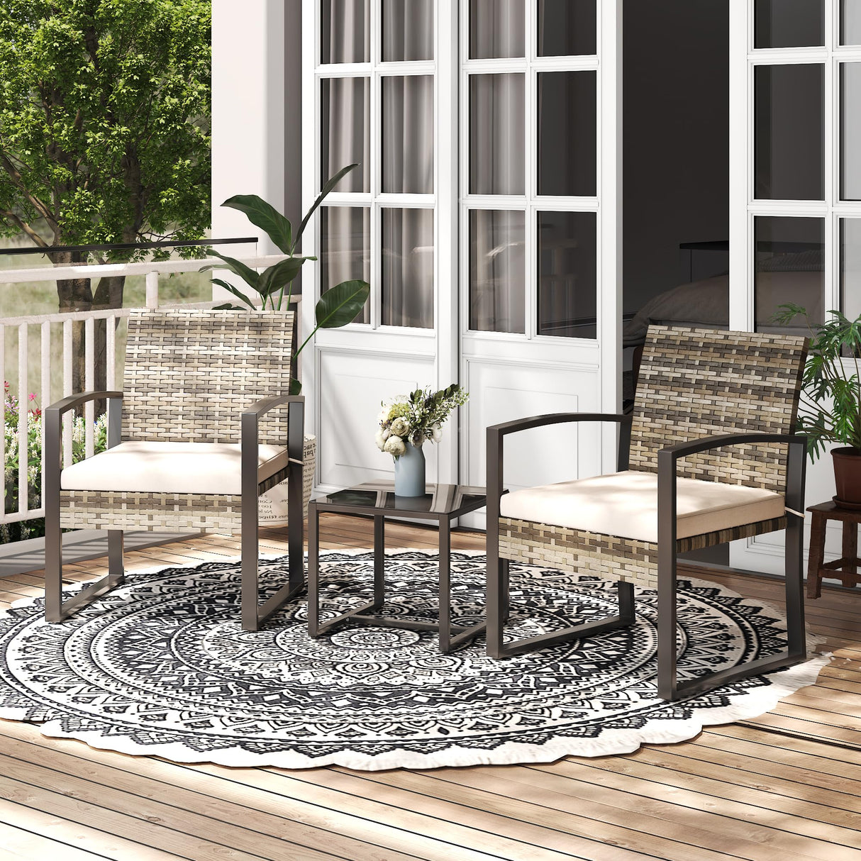 3 Pieces Patio Furniture Set, Outdoor Rattan Bistro Set with Coffee Table