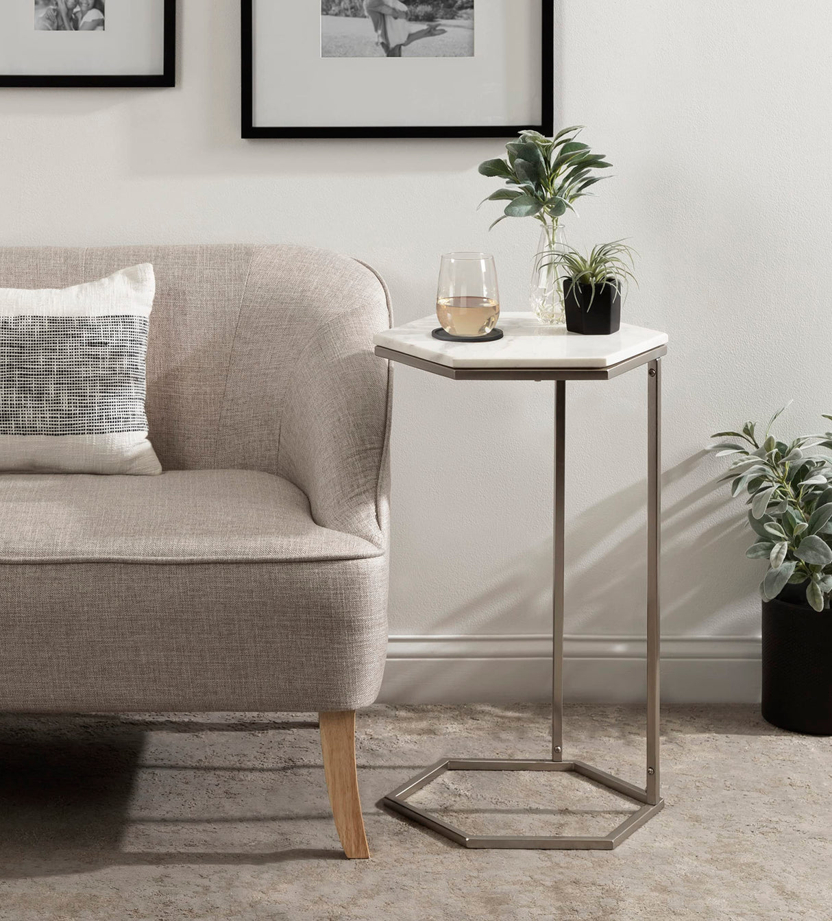 Trillion Modern Chic Marble Accent End Table with Hexagon Top, 16 x 14 x 28, Silver