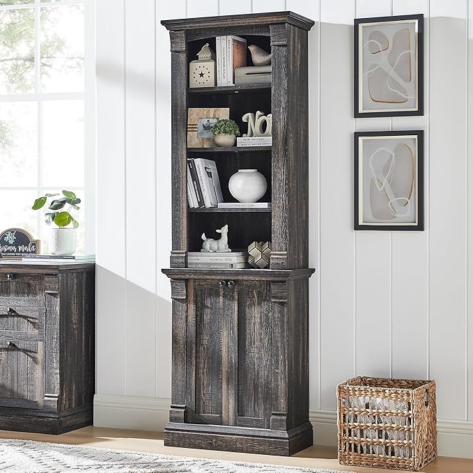 Farmhouse Bookcase with Storage Cabinet, 72" Tall Bookshelf with Adjustable Shelves, 4-Tier Open Wood Shelf Bookcase for Home Office, Living Room, Antique White