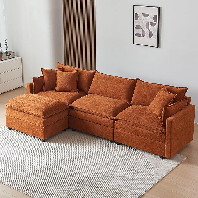 Modular Sectional Sofa Couch L-Shaped with Convertible Ottoman for Living Room, Modern Contemporary 3-Seat Sofa Couch for Apartment Office, Chenille Fabric, Beige