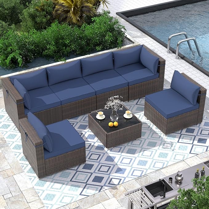 8 Piece Patio Furniture Set with 43" Fire Pit Table, Outdoor Sectional Sofa Set Heavy Duty