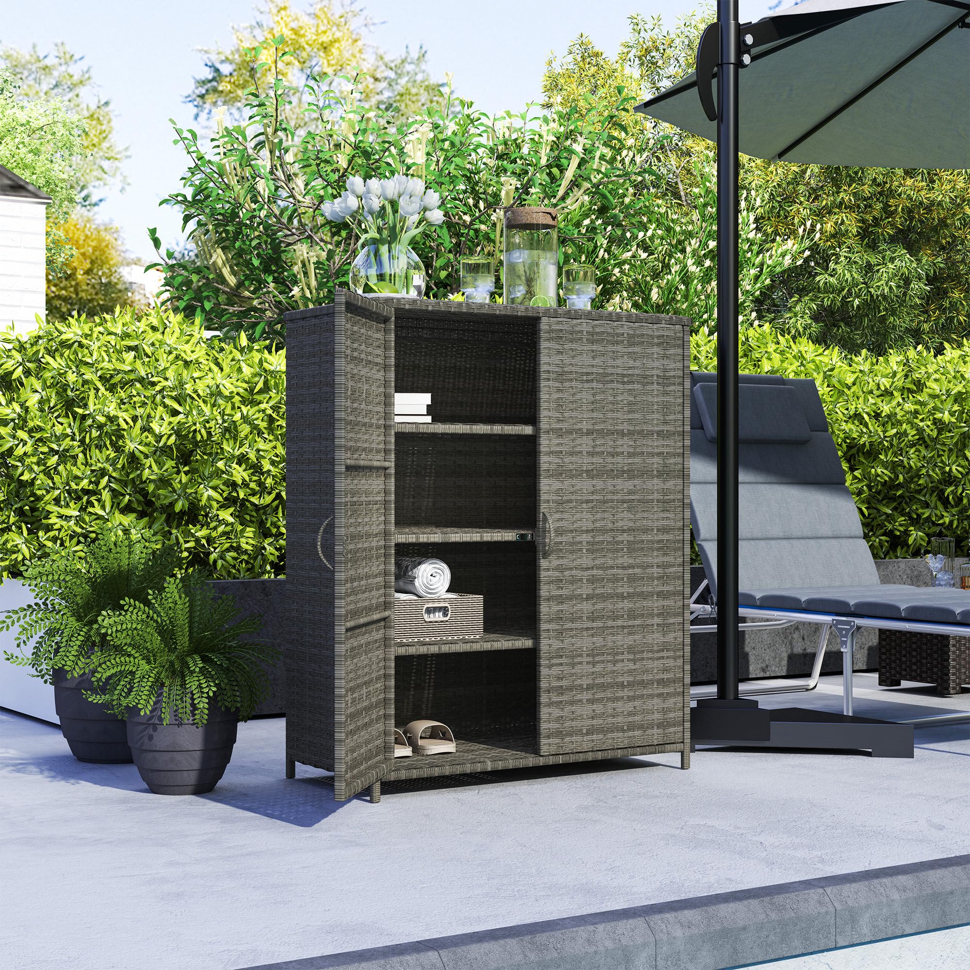 Wicker Outdoor Storage Cabinet with Shelves, 4-Shelf Outdoor Pool Towel Cabinet