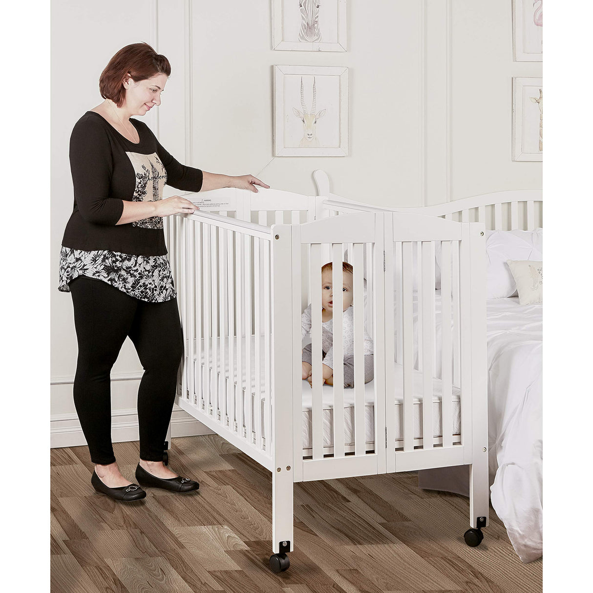 3 in 1 Portable Folding Stationary Side Crib in White, Greenguard Gold Certified, Safety Wheel with Locking Casters, Convertible, 3 Mattress Heights