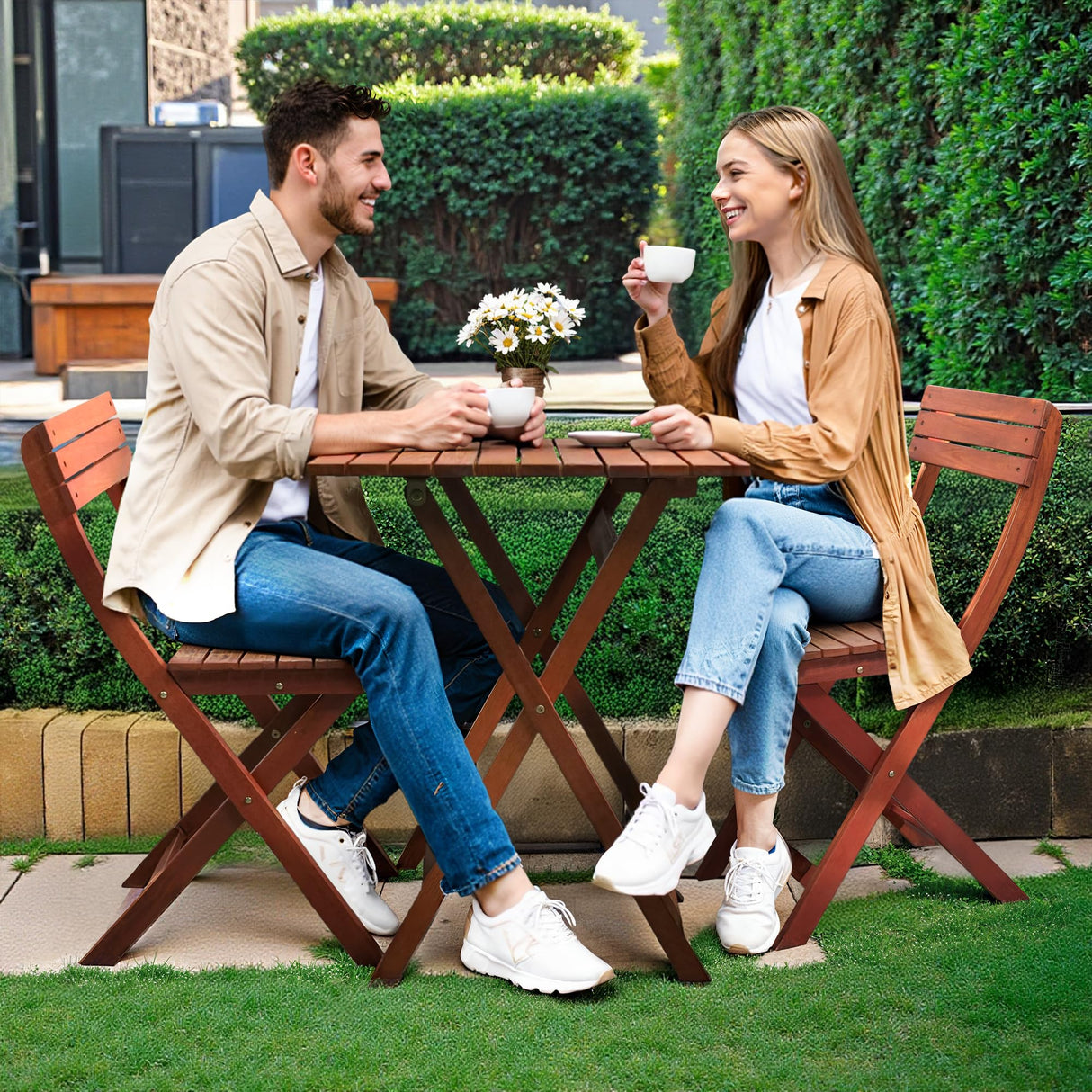 Foldable Eucalyptus Wood Bistro Set – 3-Piece Outdoor Patio Table and Chairs Set