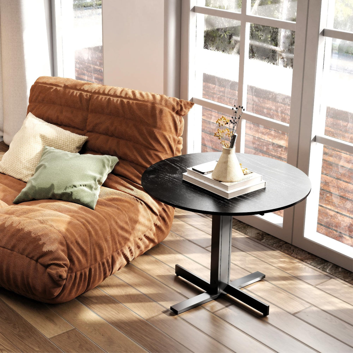 Black Round End Table, Wood Side Table for Living Room, Wooden Top and Metal Legs