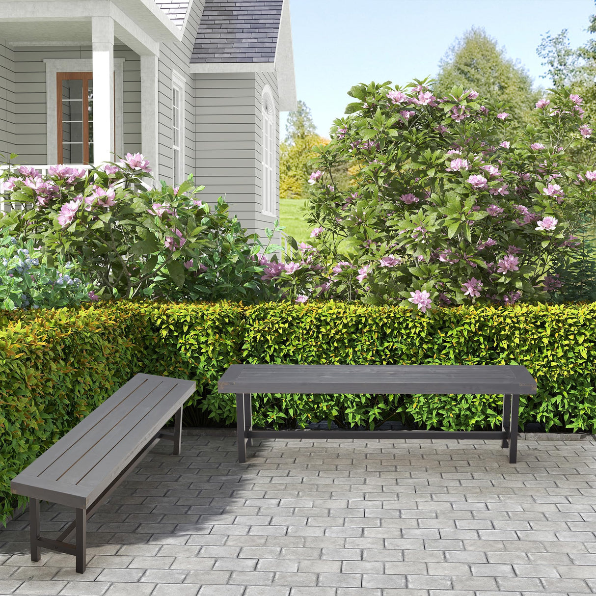 Outdoor Wood Benches Set of 2, Patio Wooden Picnic Bench Waterproof