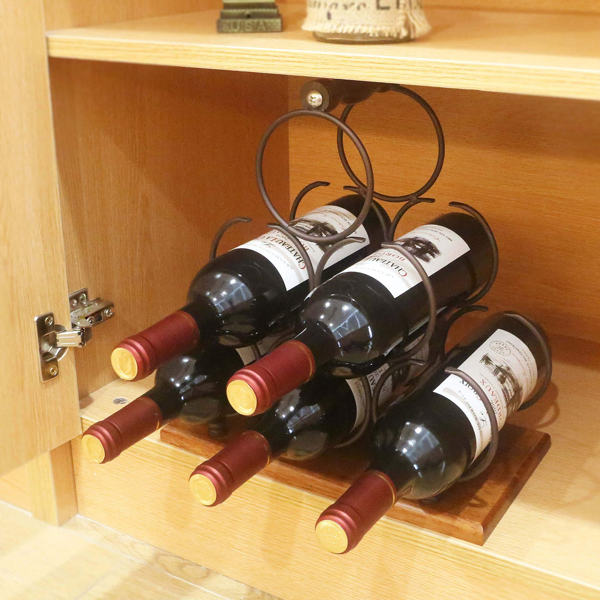 Countertop Wine Rack, Tabletop 6 Bottles Wood Wine Holder, Sturdy Handle