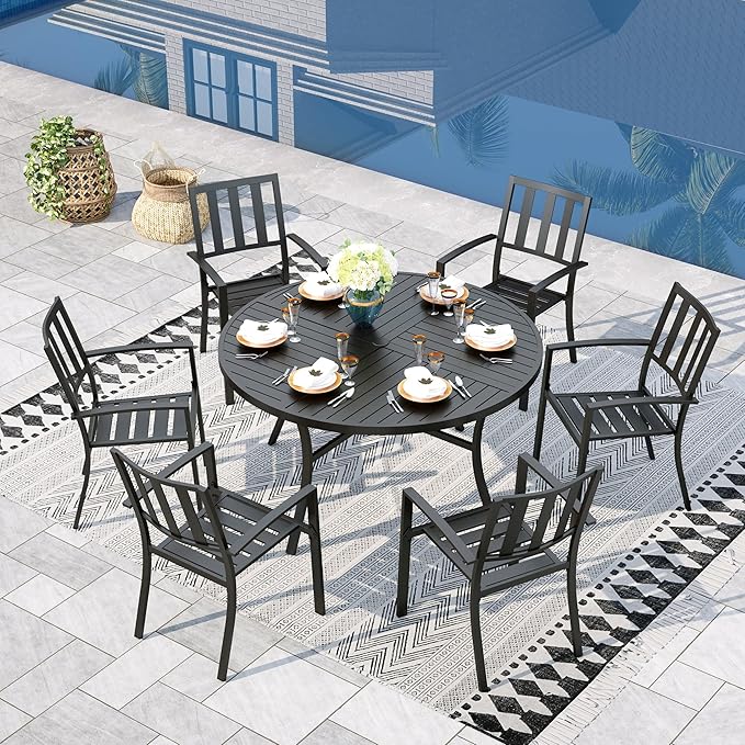 Round Patio Table and Chairs Set, Outdoor Dining Set for 6, 7 Piece Metal Patio Furniture