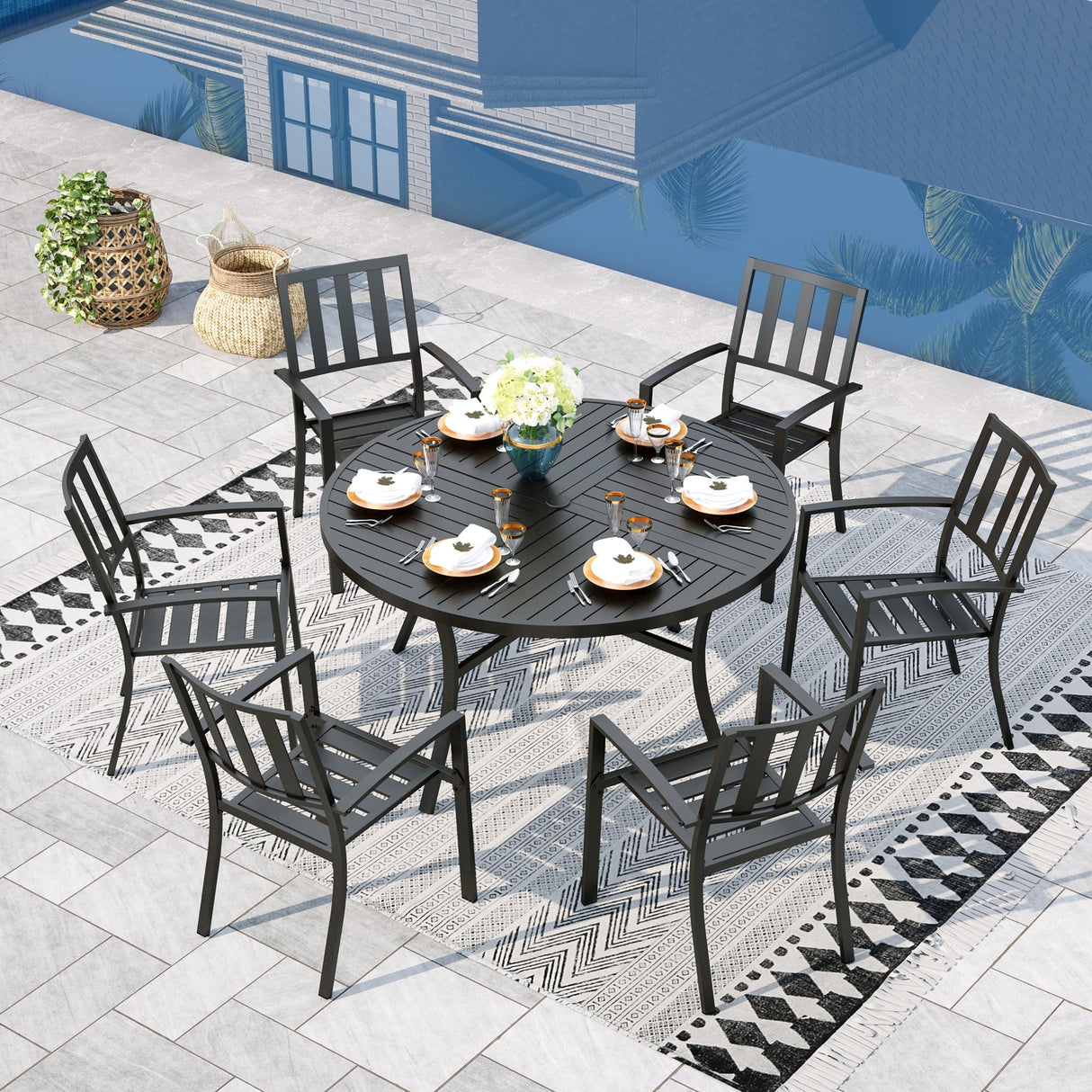 Round Patio Table and Chairs Set, Outdoor Dining Set for 6, 7 Piece Metal Patio Furniture